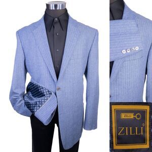Zilli Paris 100% Linen Sport Coat Blazer Blue Pinstriped Sz 46R Made in Italy